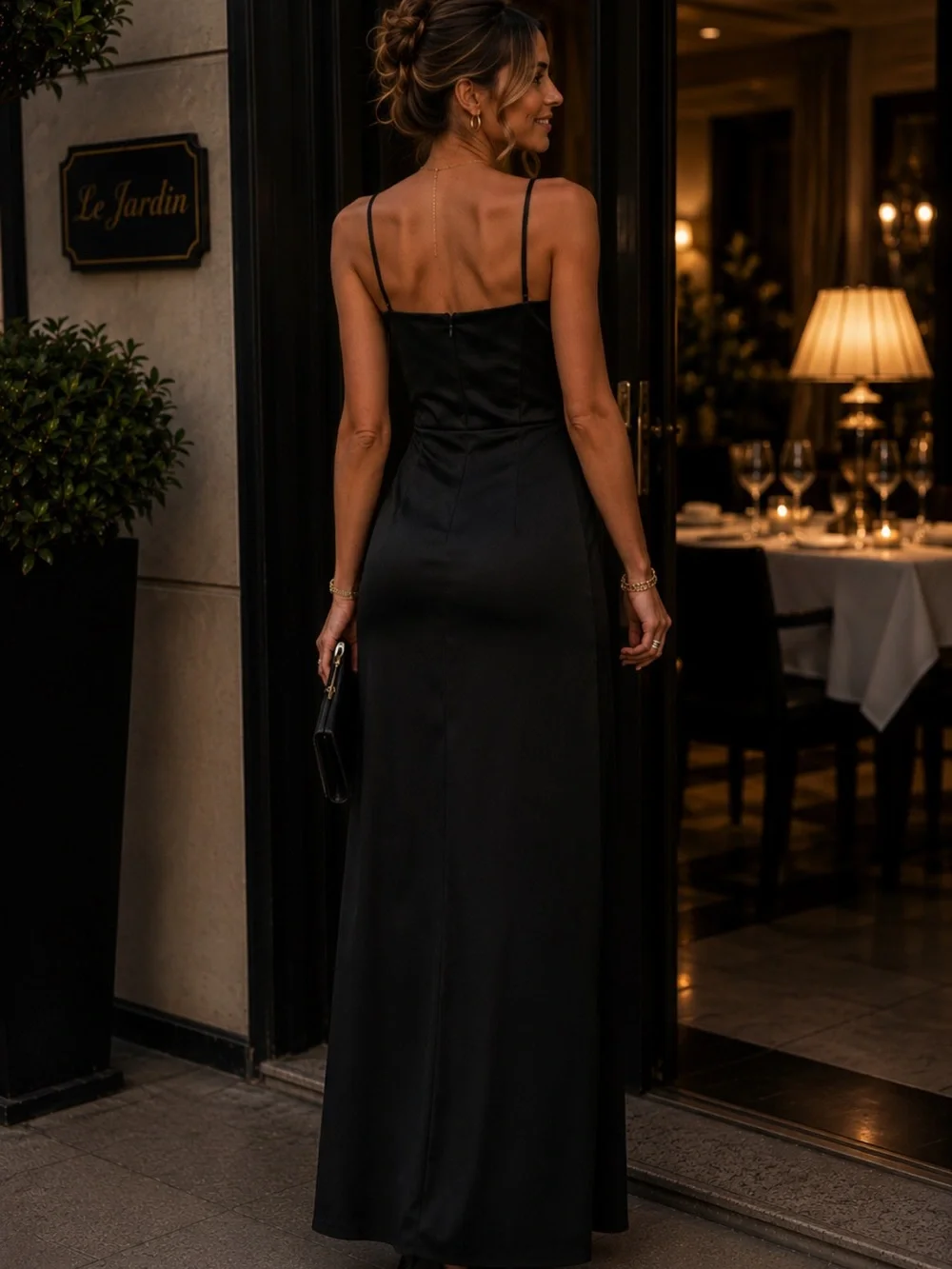 Abercrombie & Fitch Black Satin Spaghetti-Strap Maxi Dress with High Slit